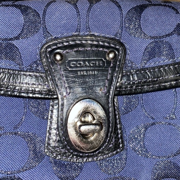 Coach Signature C Navy Blue Canvas Black Leather Wristlet - Picture 3 of 5